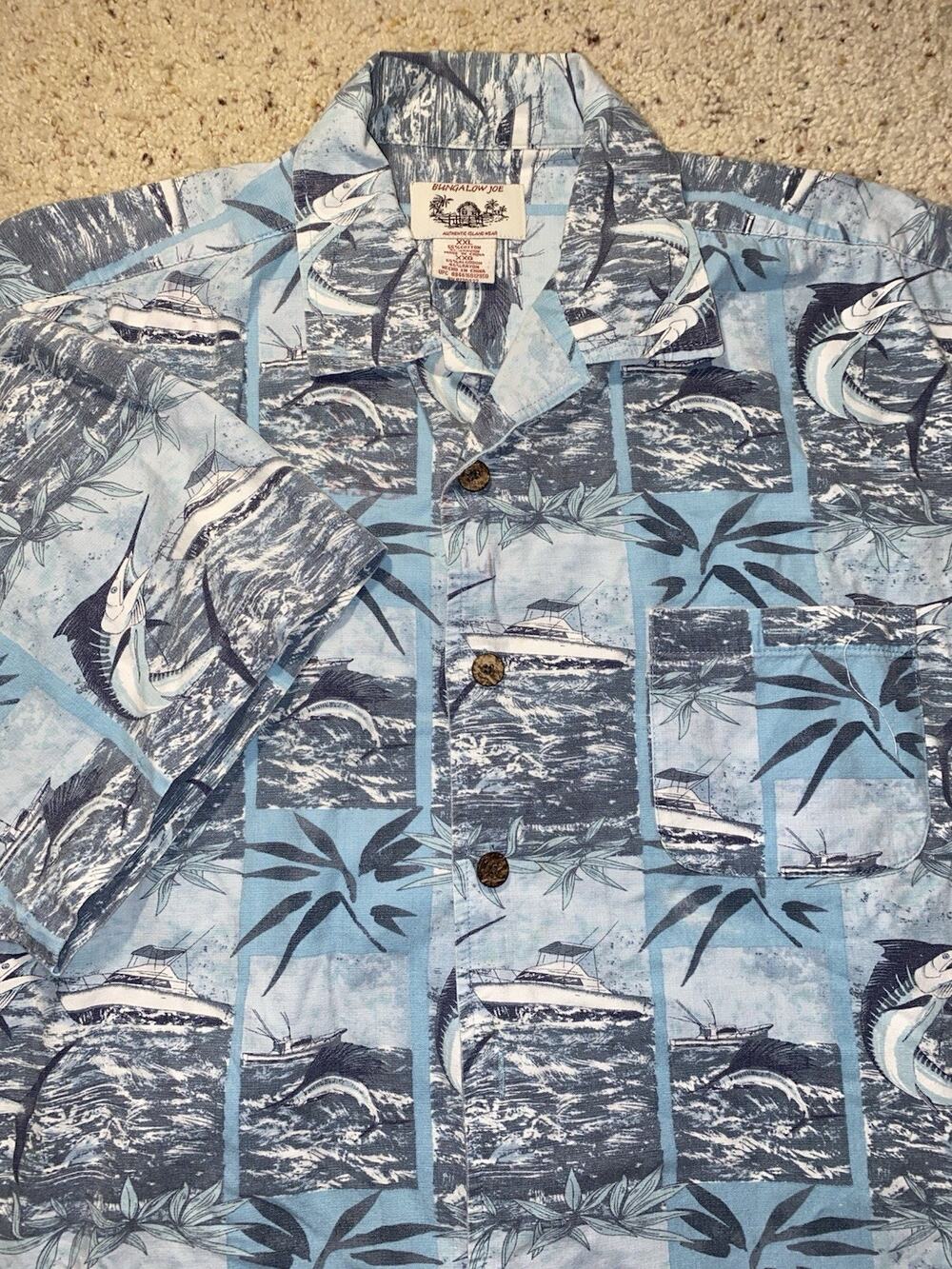 Bungalow Joe Men’s XXL Blue Cotton Rayon Marlin Sailfish Fishing Hawaiian Shirt